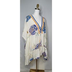 Z&L Floral Boho Tunic Top One Size Blue Orange Cream Tassel Peasant Blouse